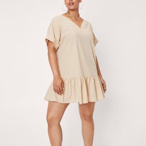 Plus Size V-Neck Linen Mix Smock Dress in Cream